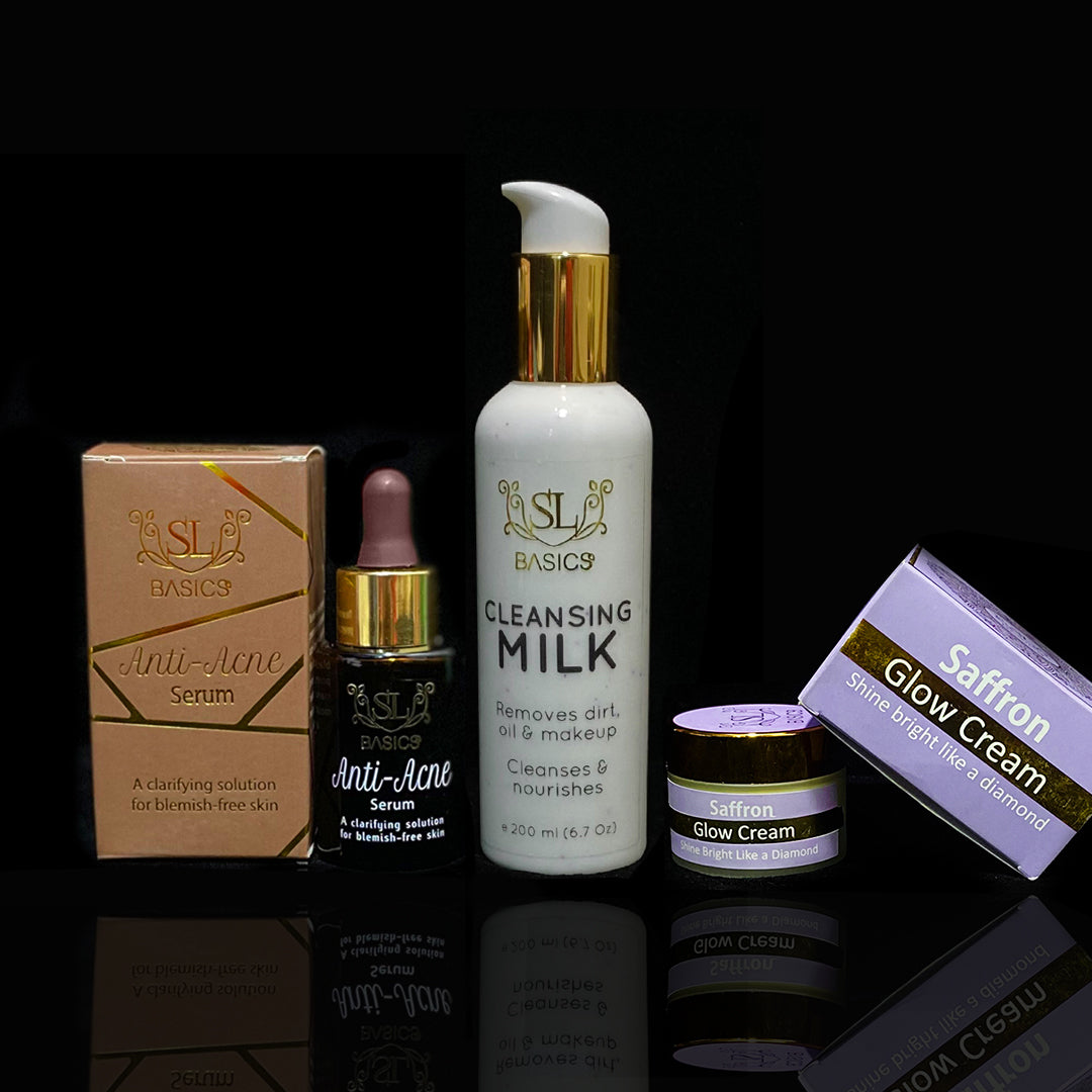 Anti Acne Serum, Cleansing Milk, Saffron Cream, By SL Basics